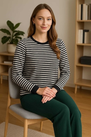 Tenra Kadın Pijama Takımı %100 Pamuk Yeşil Çizgili Yeşil