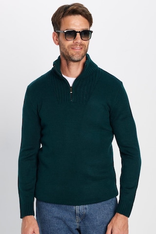 Tudors Erkek Slim Fit Dar Kesim Armürlü Fermuarlı Yeşil Dik Yaka Kazak-31397