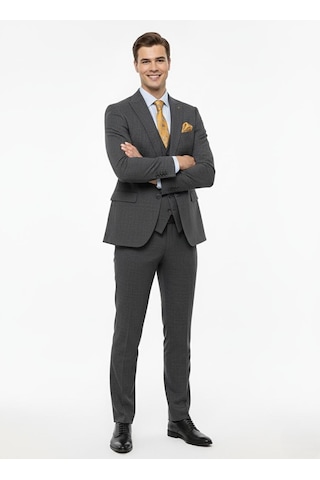 Presto Erkek Slimfit Armürlü 6 Drop Yelekli Takım Elbise Füme 786-070 Gri