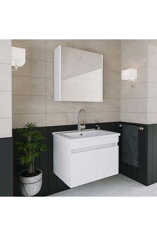 Banos Al3 Lavabolu Beyaz 65 Cm Aynalı Banyo Dolabı Takımı Beyaz
