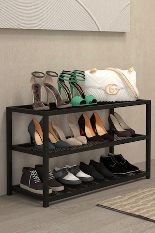Aju Ayakkabılık Geniş Metal Modern Tasarım 3 Katlı Ayakkabı Rafı Dolabı Açık Vestiyer Siyah