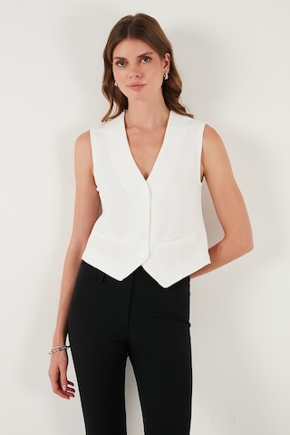 Lela Streç Fitted Fit V Yaka Düğmeli Bayan Yelek 5865971 Beyaz
