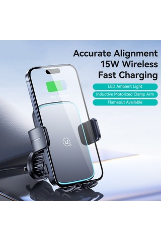 Usams Cd230 15w Doğru Hizalama Vantuzlu Kablosuz Şarj Araç Telefonu Tutucu Siyah