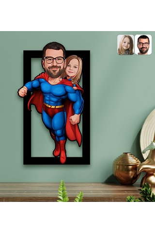Bk Gift Kişiye Özel Süper Baba-çocuk Karikatürlü 3d Ahşap Tablo-4, Babalar Günü Hediyesi, Babaya Hediye Kobitmeyencom31596 Bk