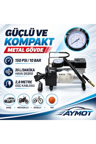 Niken 12v 150w Metal Gövde 150 Psı Araç Lastik Şişirme Kompresörü -
