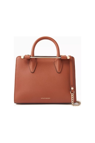 Strathberry Nano Tote Çanta, Şık & Yapılandırılmış, Metal Detaylı, Dana Derisi Omuz Çantası Kahverengi