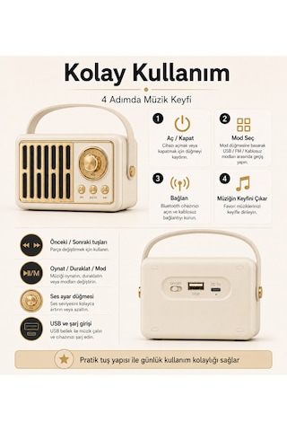 Retro Kablosuz Hoparlör Fm Radyo Usb Destekli Taşınabilir Askılı Şarjlı Bluetooth Speaker 5w