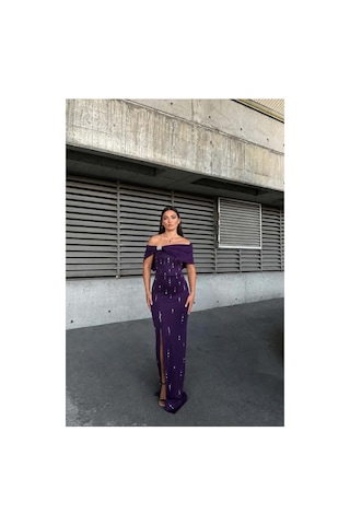 Lior Design Kadın Trend Dik Yaka Taş Detaylı Maxi Abiye Elbise Mor
