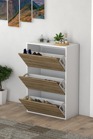 3 Kapaklı Kayar Raflı Ayakkabılık Çam Çam