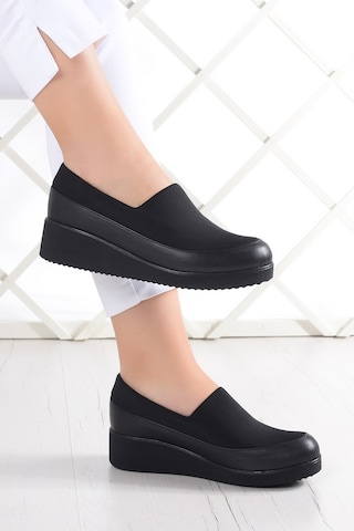 Erkan Saçmacı Rebecca Siyah Hakiki Deri Ön Yüz Streç Dolgu Topuklu Günlük Ayakkabı