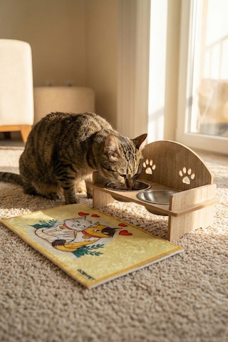 Ahşap Kedi Köpek Mama Su Kabı Standı, Metal Suluk, Kedi Köpek Halısı