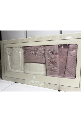 Levinda 3d Nakışlı Bornoz Takımı Krem-mürdüm
