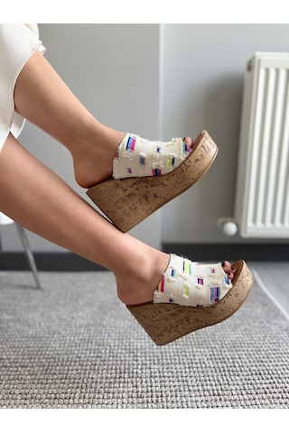 Asmi Shoes Kadın Limo Beyaz Kot Dolgulu Mantar Taban Terlik 10 Cm Beyaz