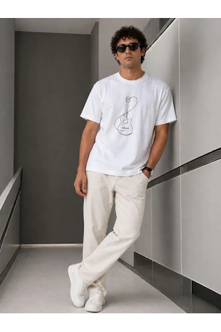 Veraura Lifestyle Erkek Minimal Gitar Baskılı Tişört T-shirt Yazlık Kısa Kol Bisiklet Yaka T-shirt - Beyaz