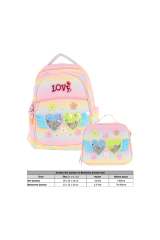 Kaukko Kids Dört Bölmeli Okul Çantası Ve Beslenme Çantası Seti - Simli Kalp Ve Çiçek Detaylı - Kız Çocuk L5213+l7213 Sarı - Pembe