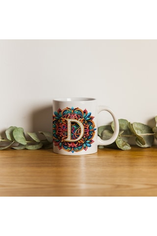 D Harfi Boho Bardak, Renkli Özel Tasarım Hediyelik Harfli Kupa, 330ml Porselen Beyaz
