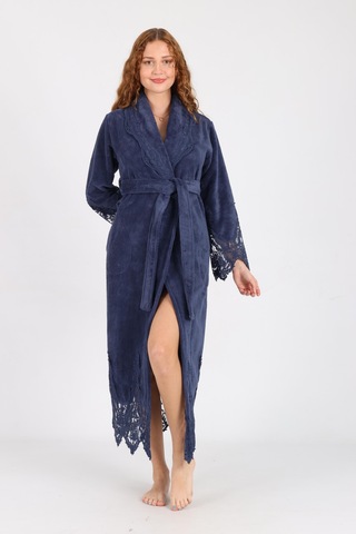 Dantelli Bambu Cotton Triga Bornoz Koyu Mavi