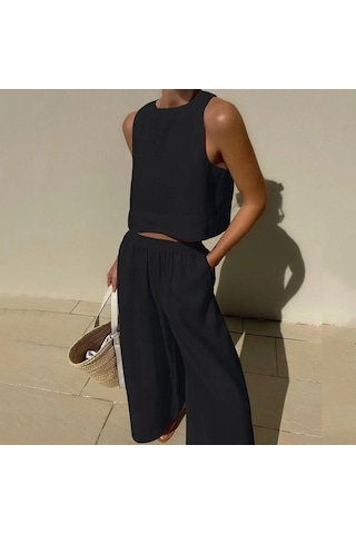 Rahat Yaz Iki Parçalı Set Kolsuz Kıyafetler O Boyun Üstleri Ve Gevşek Geniş Bacak Pantolon Seti Kadın Katı 2 Parça Takım Elbise Giysileri 27723 Siyah
