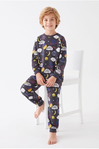 Bunny Hopp %100 Pamuk Süprem Erkek Çocuk Pijama Takımı Füme Uzay Gezegen Desenli Uyku Seti Penye