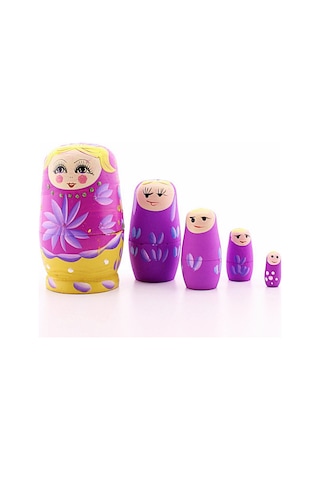 Star Elit Home Ahşap Tombul İç İçe Matruşka Bebek Pembe Set 5li Büyük Boy