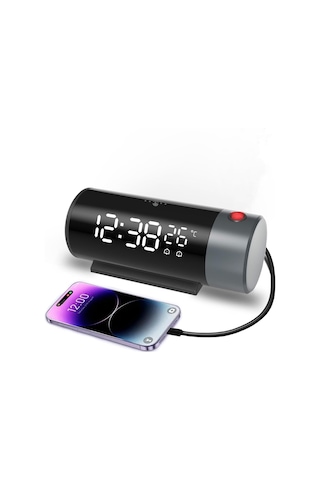 Projeksiyonlu Led Dijital Çalar Saat Usb Güç Çift Alarm Tavan & Duvar Yansıtma Masa Saati Siyah