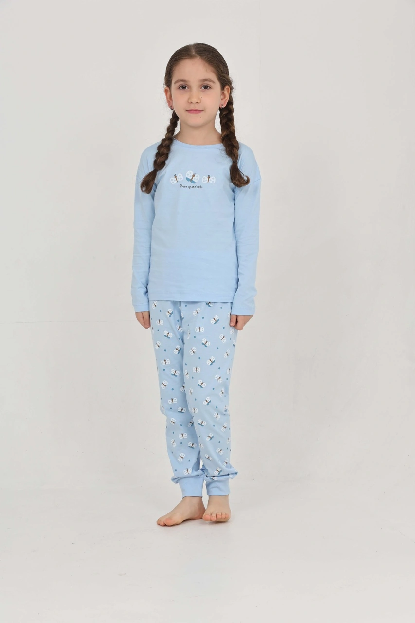 Toontoy Kız Çocuk Kelebek Baskılı Pijama Takım Mavi