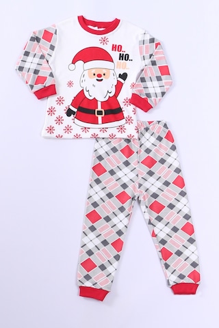 Çocuk Yılbaşı Pijama Takımı Noel Baba Baskılı Ribanalı D8 KREM Krem