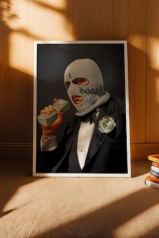 Modern Kar Maskeli Boss Ve Dolar Temalı Çerçeveli Tablo Home-office Çalışma Alanları Dekoru Modifiye Sanat