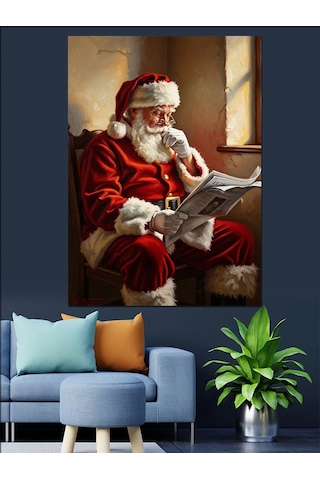 Gazete Okuyan Nostaljik Noel Baba Dekoratif Kanvas - Mdf Ahşap Tablo