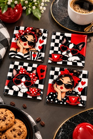 Gökçeoğlu Cam Bardak Altlığı Kırmızı Siyah Beyaz Pop Art Temalı 4'lü Takım 10cm X 10cm Çok Renkli