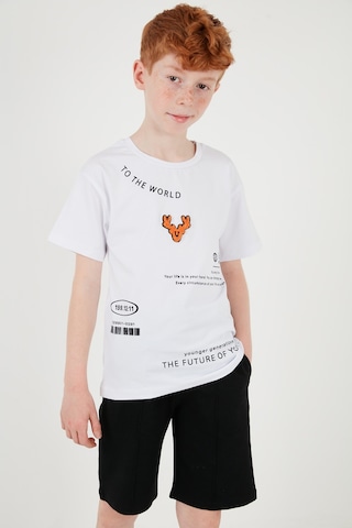 Lela Pamuklu Baskılı Bisiklet Yaka Kısa Kollu Şortlu Erkek Çocuk Takım 6212010 Beyaz