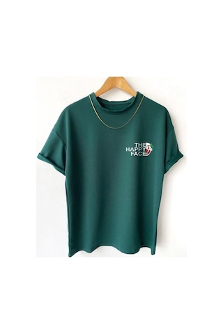 Hırsch Unisex Oversize Yeşil Bisiklet Yaka The Happy Face Baskılı T-shirt Yeşil