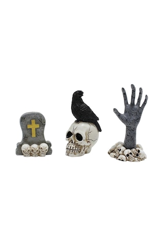 3 Minyatür Kafatası Başı Figürleri Seti Karga Mezar Taşı Hayalet El Figürleri Modelleri Patio Çim Bahçe Veranda Dekorasyonu İçin