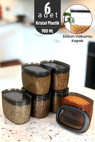 900 Ml Gerçek Vakumlu Silikon Kapaklı Kristal Erzak Bakliyat Saklama Kabı Seti Baharatlık 6 Antrasit