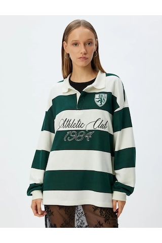 Koton Polo Yaka Sweatshirt Oversize Kolej Baskılı Renk Bloklu Şardonlu Yeşil Çizgili 5wal10214ık Yeşil