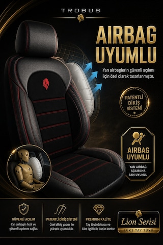Vw Caddy 2015-2019 Uyumlu Lion Serisi 2+1 Ticari Tay Tüyü Siyah Kırmızı Koltuk Kılıfı 01740640
