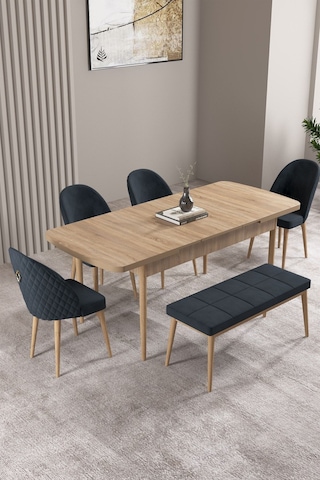 Milas Meşe Desen 80x132 Mdf Açılabilir Mutfak Masası Takımı 4 Sandalye, 1 Bench Antrasit