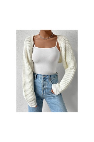 Moibody Triko Örgü Reglan Kol Bolero Hırka Kore Tarzı 4 Mevsim Ekru Ekru