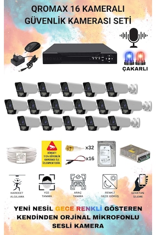16 Kameralı Set - Yapay Zeka Özellikli Gece Renkli Sesli Fullhd 5mp Lensli 9 Warm Ve Çakar Ledli Güvenlik Kamerası Seti 5909ws-116