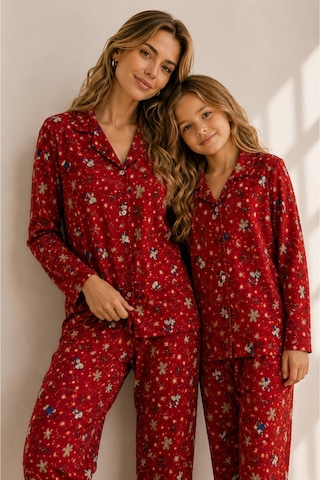 Free Beka Yılbaşı Desenli Uzun Kollu Önden Düğmeli Gömlek Yaka Anne Kız Pijama Takımı Kırmızı