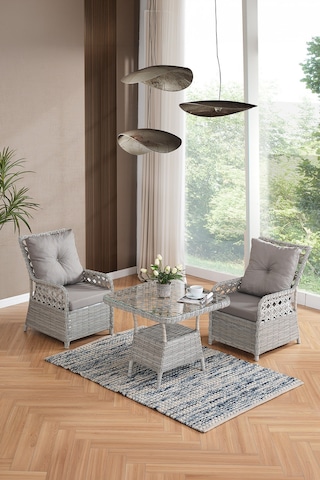 Duru 2 Kişilik Rattan Bahçe Balkon Mutfak Masa Takımı Gri
