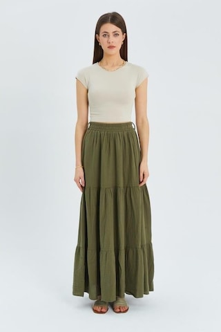 4567 Kadın Fırfırlı Uzun Müslin Etek Haki Haki