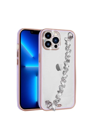 Apple Uyumlu iPhone 13 Pro Max Uyumlu Taş Süslemeli Kamera Korumalı El Tutamaçlı Zore Blazer Kılıf-lila Lila -