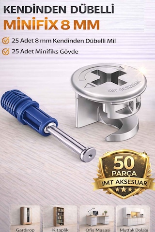 8 Mm Kendinden Dübelli Minifix Gövde Ve Mil Seti - Mobilya Bağlantı Elemanı 50 Parça Metalik