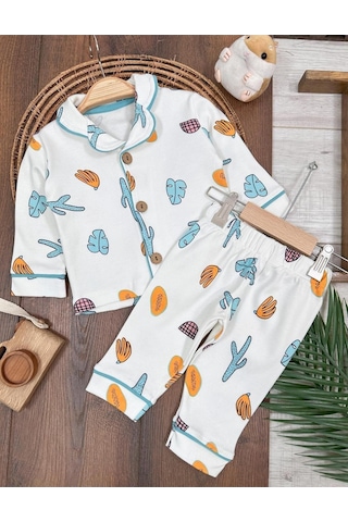 Kruvaze Yaka %100 Pamuk Önden Düğmeli Mevsimlik Ünisex Bebek Ve Çocuk Pijama Takımı 4bb2 Beyaz