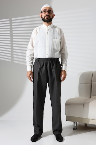 Erkek Beli Lastikli Cepli Hac Ve Umre Kışlık Yün Efektli Şalvar Pantolon - Füme İsr Füme