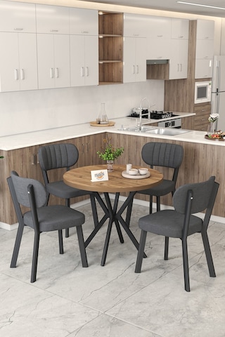 Gnr 90cm Sabit Atlantik Mutfak Masası Takımı, Yemek Masası, 4 Modern Antrasit Sandalye Antrasit