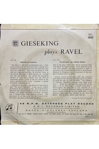 Gieseking Plays Ravel 45lik Plak