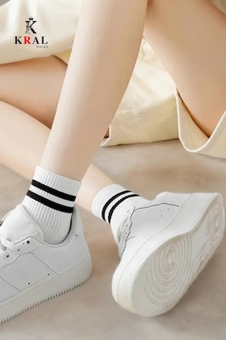 Kral Socks Erkek Kadın 12 Çift Çizgili Kolej Tenis Çorabı Pamuklu Terletmez Çorap Beyaz