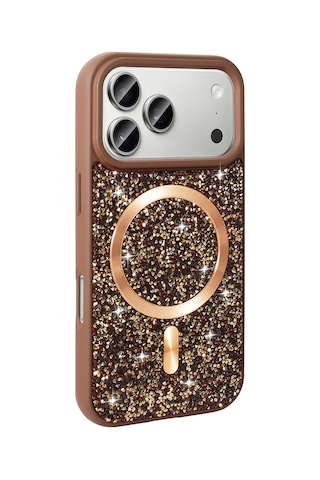 Apple Uyumlu iPhone 17 Pro Kılıf Pırlanta Tasarımlı M-safe Şarj Özellikli Mozaik Silikon Kılıf Desert Titanyum